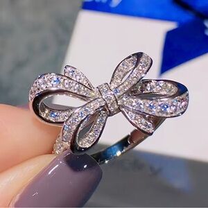 Elegant Fancy Silver Bow Ring with Rhinestones Sz 10